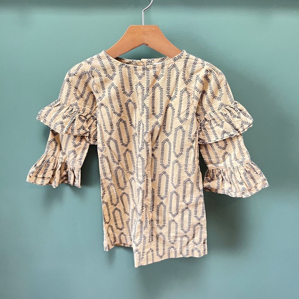 Kate Quinn Girls 4T Organic Cotton Ruffle Sleeve Botanical Print Button Back Top